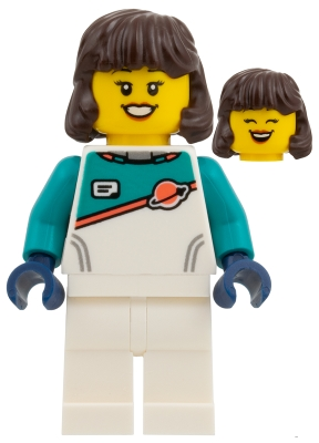 Minifig Lego Education sp149 Astronaut - Female, Dark Brown Hair, White Spacesuit with Dark Turquoise Panel and Sleeves