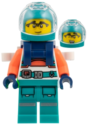 Minifig Lego Education sp150 Astronaut - Dark Turquoise Helmet and Legs, Coral Arms, Dark Blue Backpack