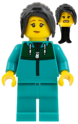 Minifig sp151 Astronaut - Female, Dark Brown Long Hair, Dark Turquoise Track Suit