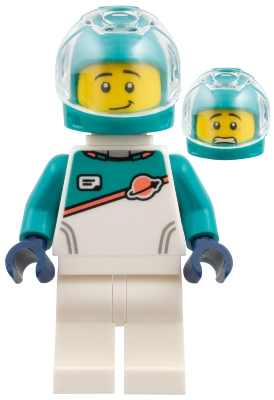 Minifig sp152 Astronaut - White Spacesuit with Dark Turquoise Panel and Sleeves, Dark Turquoise Helmet