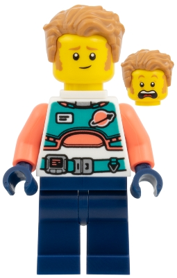 Minifig sp153 Astronaut - Spacesuit with Dark Blue Legs, Coral Arms, Medium Nougat Hair