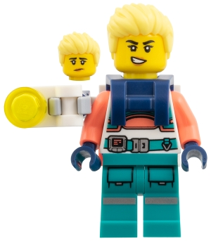 Minifig sp154 Astronaut - Female, Spacesuit with Dark Turquoise Legs, Coral Arms, Backpack with Light on Armature