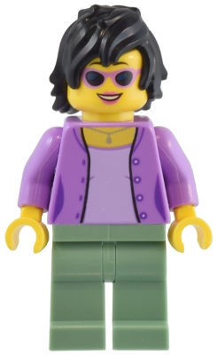 Minifig   bdp094  1950s Diner Patron - Female, Medium Lavender Jacket, Sand Green Legs, Black Hair