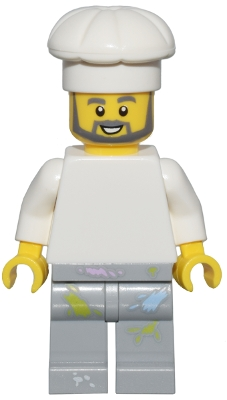 Minifig   bdp095  1950s Diner Chef - Plain White Torso, Light Bluish Gray Legs with Paint Splotches, White Chef Toque