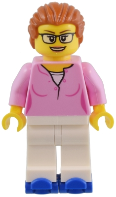 Minifig   bdp096  1950s Diner Waitress - Bright Pink Top, White Legs, Dark Orange Hair, Blue Roller Skates