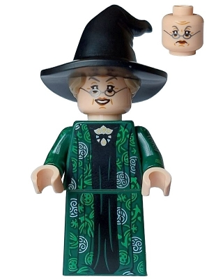 hp473 Professor Minerva McGonagall - Dark Green Robe over Black Dress, Hat with Hair, Printed Arms