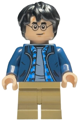  hp544 Harry Potter - Dark Blue Open Jacket over Plaid Shirt with Collar and Sand Blue Shirt, Dark Tan Medium Legs