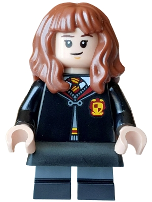 Minifig LEGO Harry Potter hp617 Hermione Granger - Gryffindor Robe Clasped, Black Skirt, Black Short Legs with Dark Bluish Gray Stripes, Grin / Cat Face