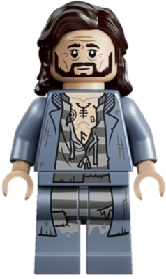 Minifig LEGO Harry Potter hp630 Sirius Black - Dark Brown Hair, Sand Blue Jacket over Tattered Striped Shirt, Printed Legs