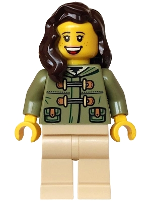 Minifig  Lego Icons hol377  Holiday Express Train Passenger - Female, Olive Green Jacket, Tan Legs, Dark Brown Hair