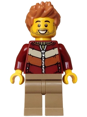Minifig  Lego Icons hol378  Holiday Express Train Passenger - Male, Dark Red Jacket, Dark Tan Legs, Medium Nougat Hair