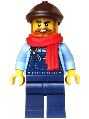 Minifig  Lego Icons hol379  Holiday Express Train Driver - Dark Blue Overalls, Dark Brown Flat Cap, Red Scarf