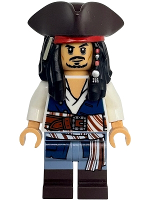 Minifig  Lego Icons poc044  Captain Jack Sparrow - White Shirt, Dark Blue Plain Vest, Dark Brown Boots, Tricorne