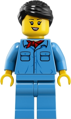 Lego City trn253 Train Worker - Female, Black Hair, Medium Blue Shirt with Red Bandana, Medium Blue Legs