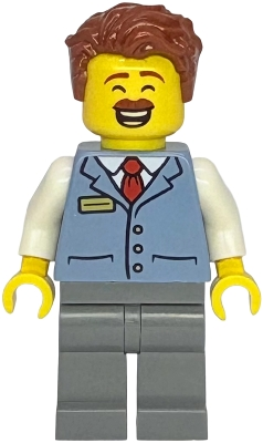 Minifig   twn533  Shopping Street Shop Manager - Male, Sand Blue Shirt, Dark Bluish Gray Legs, Reddish Brown Hair