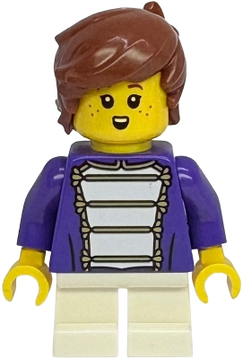 Minifig   twn534  Shopping Street Child - Boy, Dark Purple Marching Band Jacket, White Short Legs, Reddish Brown Hair