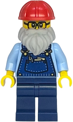 Minifig   twn535  Shopping Street Plumber - Male, Bright Light Blue Shirt, Dark Blue Overalls and Legs, Red Construction Helmet