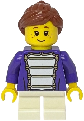 Minifig   twn536  Shopping Street Child - Girl, Dark Purple Marching Band Jacket, White Short Legs, Reddish Brown Hair