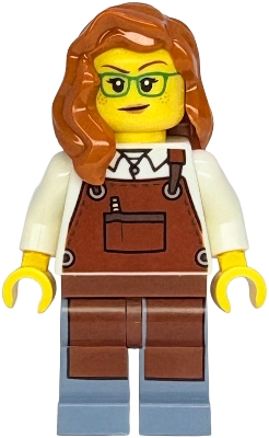 Minifig   twn537  Shopping Street Carpenter - Female, White Shirt, Reddish Brown Apron, Sand Blue Legs, Dark Orange Hair