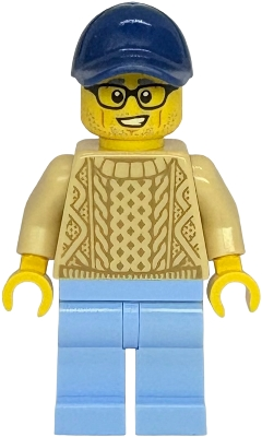 Minifig   twn538  Shopping Street Furniture Mover - Male, Tan Sweater, Bright Light Blue Legs, Dark Blue Cap