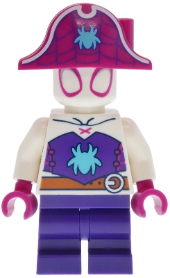 Minifig  Lego Marvel Super Heroes sh1109  Ghost-Spider (Gwen Stacy) - Dark Purple Medium Legs, Magenta Pirate Hat, Medium Azure Spider Logo, Dark Orange Belt