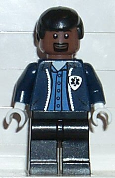 Lego Marvel Super Heroes spd023 Ambulance Driver, Dark Blue Torso with EMT Star of Life Logo, Black Legs, Black Male Hair
