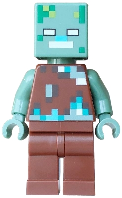 Minifig LEGO Minecraft min281 Drowned Zombie - Dark Brown, Dark Turquoise, Green, Sand Green, White, Medium Azure Pixelated Vest