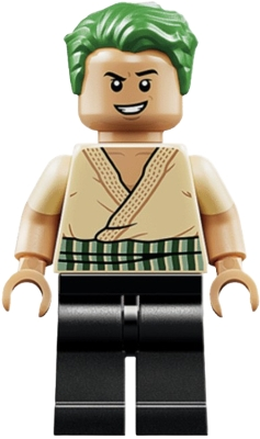 Minifig  LEGO One Piece op045  Roronoa Zoro - Tan Shirt, Hair, Open Mouth Scowl / Open Mouth Grin