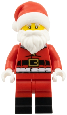 Minifig   hol381  Santa - Fur Lined Jacket with 2 Black Creases on Back, Red Legs with Black Boots, Santa Hat with Molded Red Top