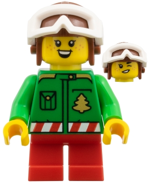 Minifig   hol382  Elf - Green Jacket with Christmas Trees, Reddish Brown Helmet, White Goggles