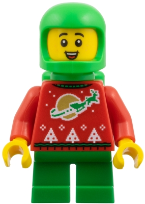 Minifig   hol383  Elf - Red Holiday Sweater with Reindeer, Bright Green Helmet and Air Tanks