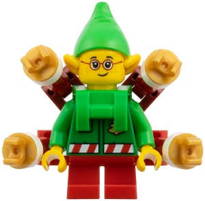 Minifig   hol385  Elf - Green Jacket with Christmas Trees, Bright Green Neck Bracket with Robot Arms