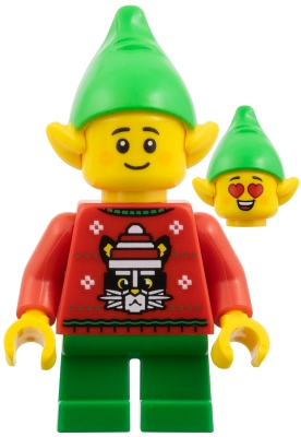 Minifig   hol386  Elf - Red Holiday Sweater with Cat