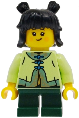 Minifig  Lego Saisonnier hol408  Child - Girl, Yellowish Green Tang Jacket, Dark Green Short Legs, Black Hair with Buns