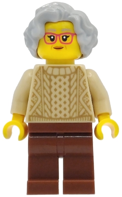 Minifig  Lego Saisonnier hol410  Grandmother - Tan Knit Cable Sweater, Reddish Brown Legs, Light Bluish Gray Short Wavy Hair