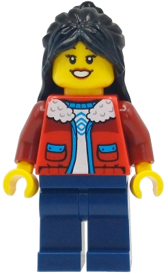Minifig  Lego Saisonnier hol412  Child - Girl, Red Jacket over White Shirt, Dark Blue Legs, Black Hair