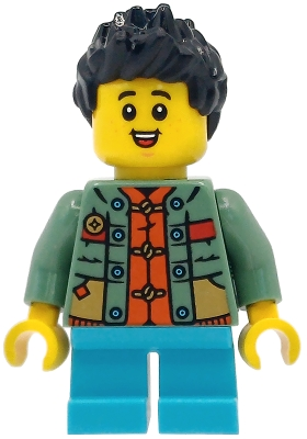 Minifig  Lego Saisonnier hol413  Child - Boy, Sand Green Sweater over Reddish Orange Tang Jacket, Medium Azure Short Legs, Black Spiked Hair