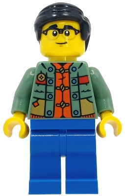Minifig  Lego Saisonnier hol414  Man - Sand Green Sweater over Reddish Orange Tang Jacket, Blue Legs, Black Smooth Hair