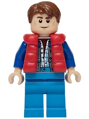 Minifig Lego Speed Champions sc138 Marty McFly - Red Puffer Vest over Sand Blue Jacket, Blue Arms