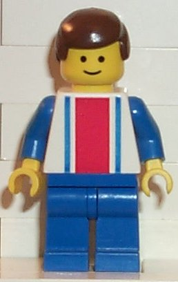 Lego City ver001 Vertical Lines Red & Blue - Blue Arms - Blue Legs, Brown Male Hair