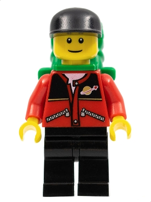 Lego City twn026 Red Jacket with Zipper Pockets and Classic Space Logo, Black Legs, Black Cap, Green Backpack with Sleeping Bag