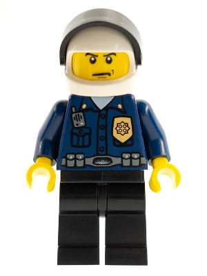 Lego City wc023 Police - World City Patrolman, Dark Blue Shirt with Badge and Radio, Black Legs, White Helmet, Black Visor